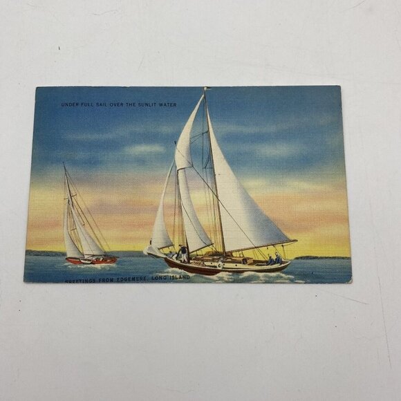 Vintage Edgemere‎ Long Island Sailing Postcard NY Linen Posted 1938 Sunset - Picture 1 of 9